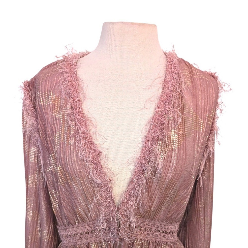 Moon River Dusty Rose Metallic Peplum Blouse L Eyelash Feather Trim Boho Glam - Picture 5 of 10